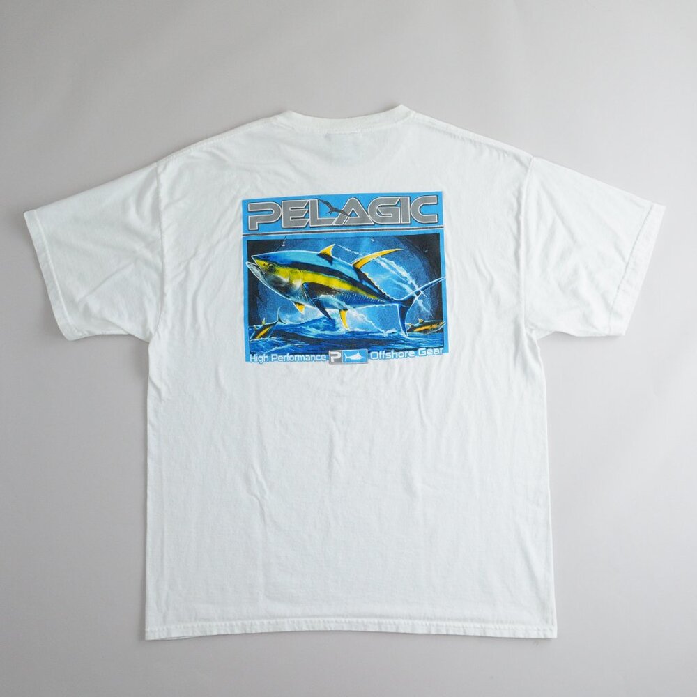 Y2K Pelagic Performance Fishing Graphic T-Shirt Short Sleeve White Mens Size XL